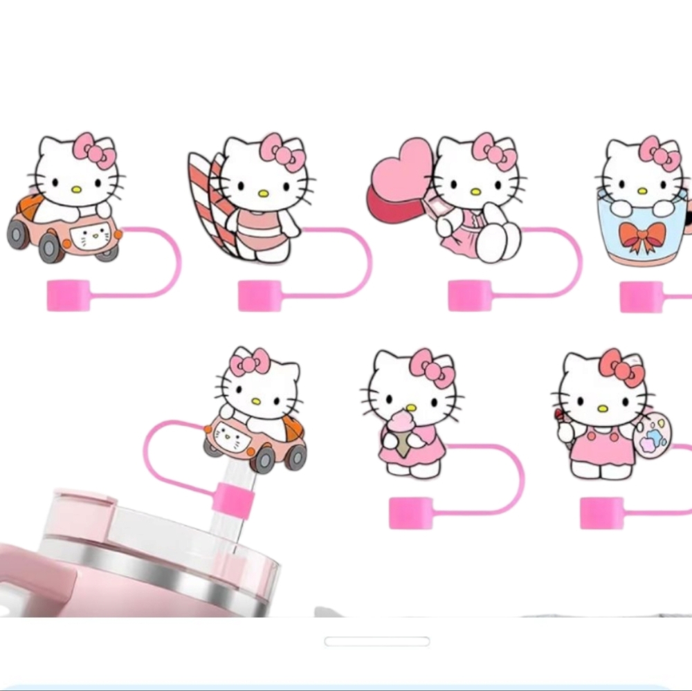 Hello Kitty. Pink Silicone Straw Toppers/Covers. Set of 6. NEW.